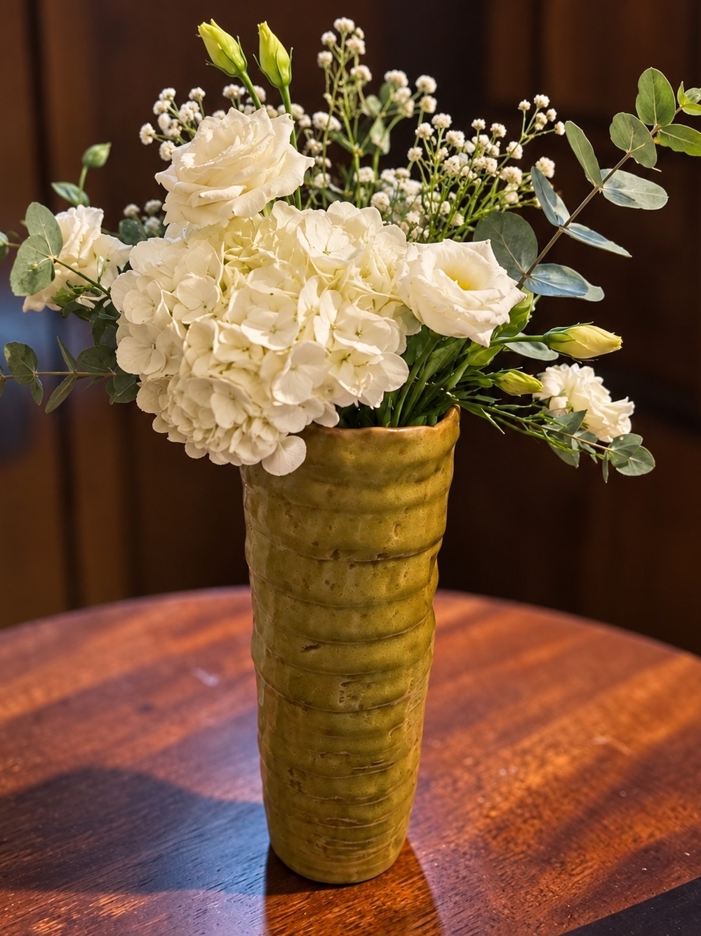 Vintage Studio Pottery Vase Mustard Olive Green Ribbed Faux Bamboo 7"
